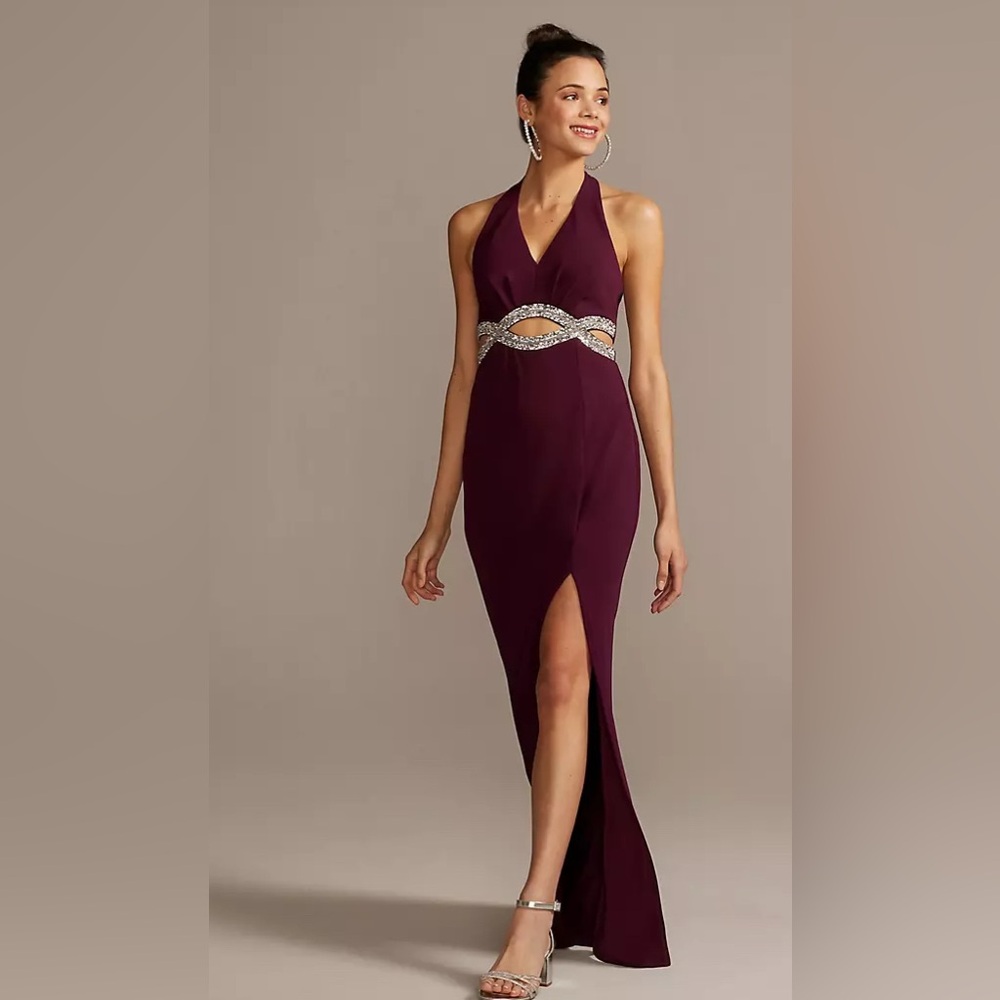 Long Scuba Crepe Beaded Cutout Waist Halter Dress